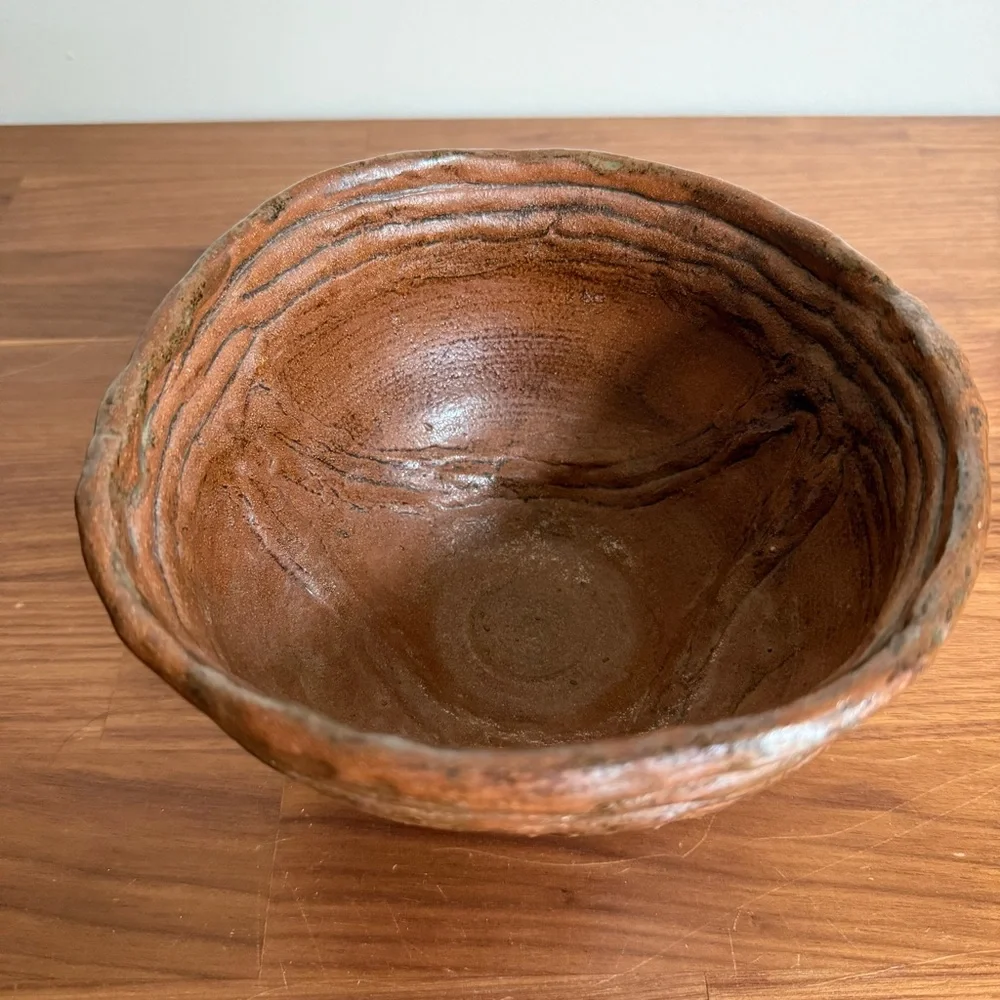 Vintage Japanese Studio Pottery Bowl Tanba Style Wabi Sabi Ribbed Stoneware